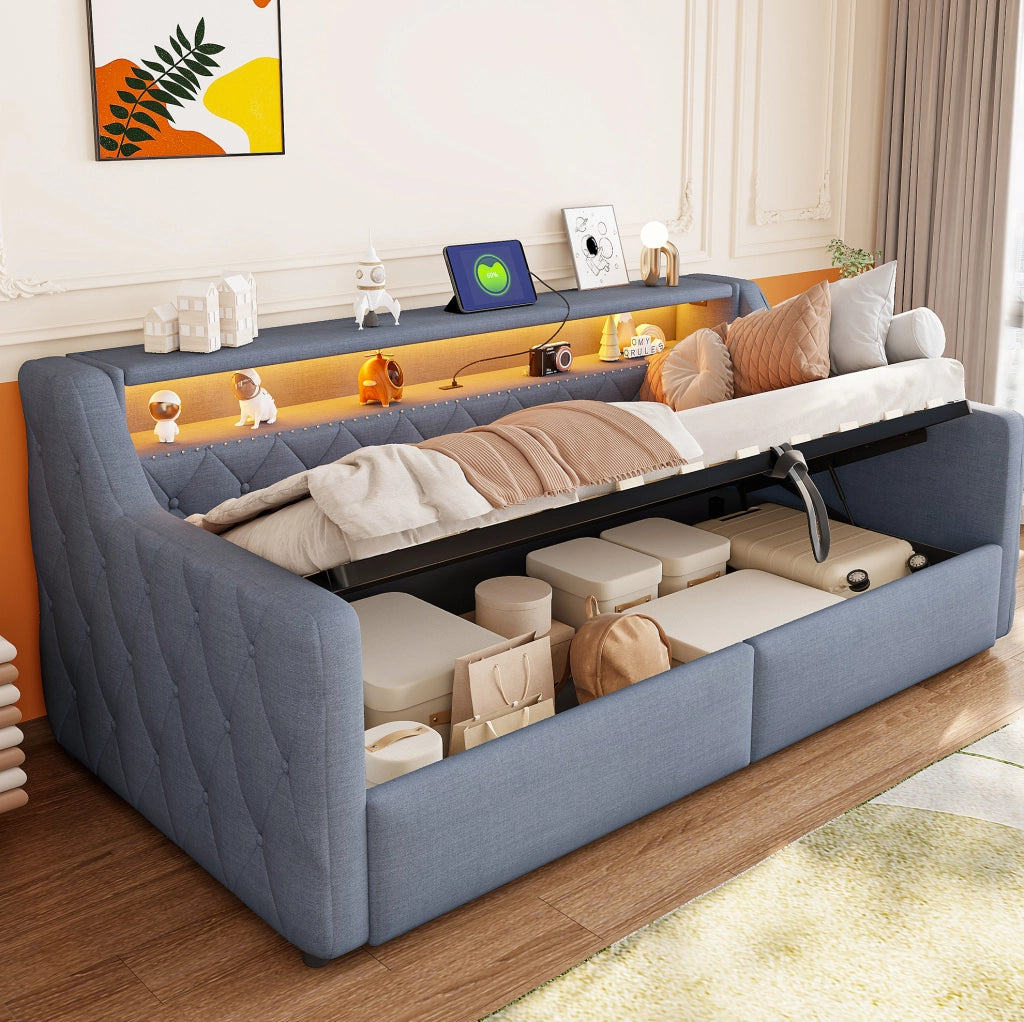 Daybed 90x200 cm con LED, vano contenitore idraulico e prese USB/USB-C