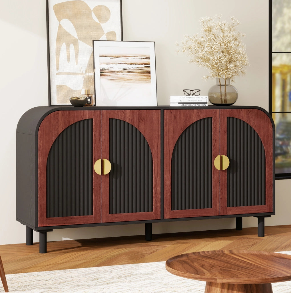 Credenza retrò 150 cm a 4 ante con frontali curvi e ripiani regolabili; nero/noce scuro