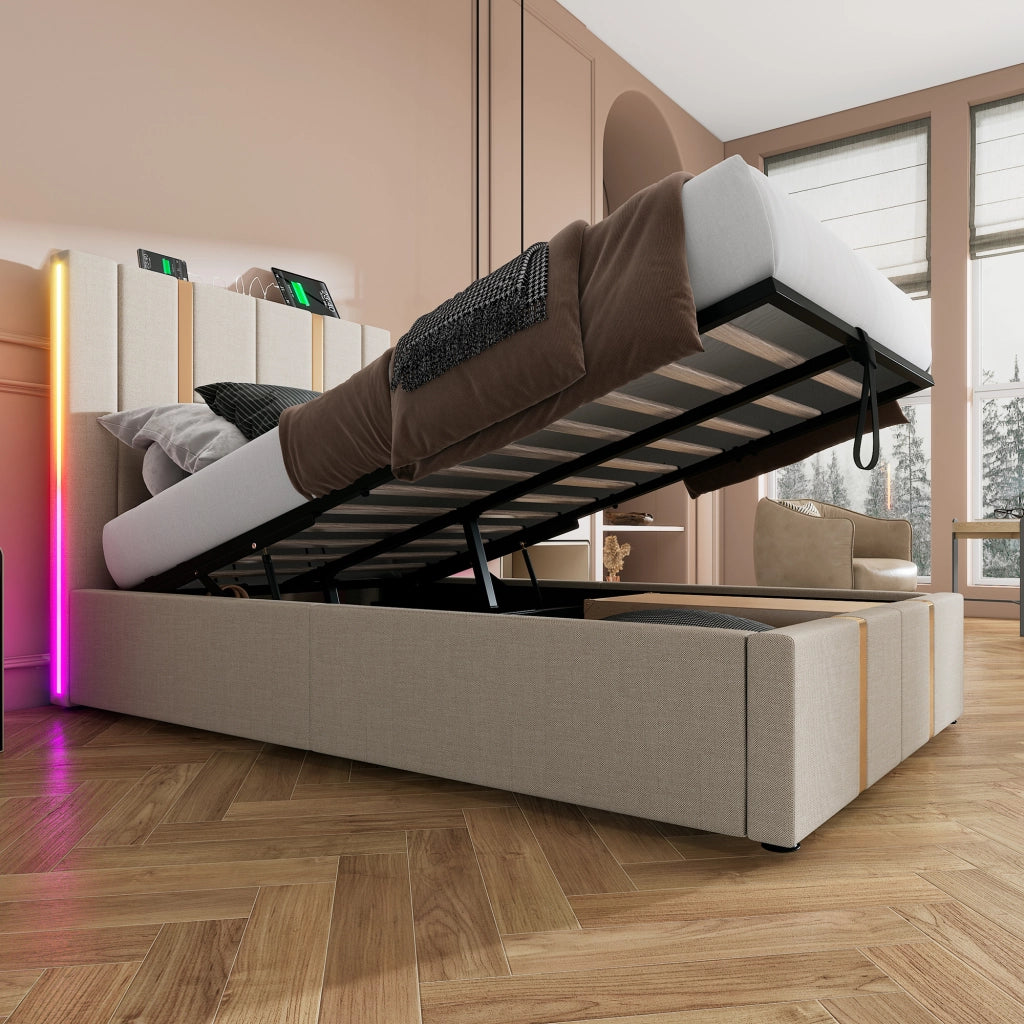 LETTO Imbottito 90x200 cm Beige con USB-C, LED RGB e contenitore