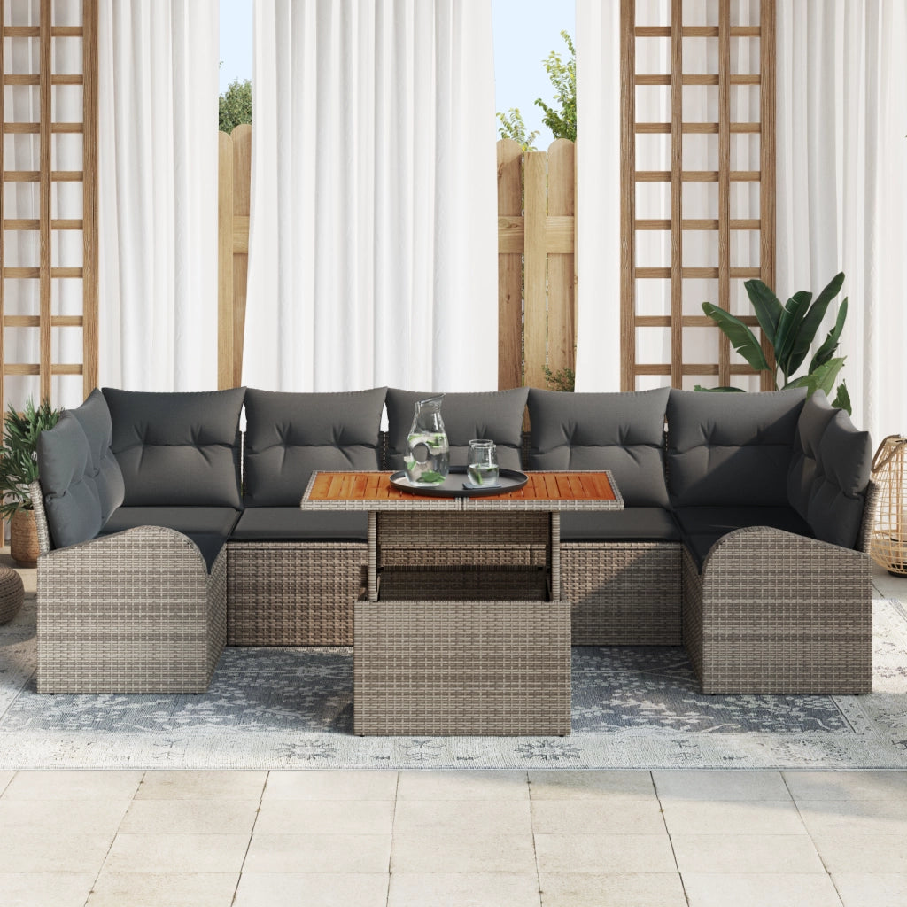 Set da Pranzo da Giardino 8 Pezzi con Cuscini Grigio in Polyrattan e Acacia