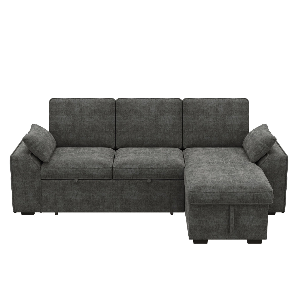 Divano angolare 3 posti in chenille con contenitore, letto estraibile, tavolino con portabicchieri e porta USB, grigio 237x141x86 cm