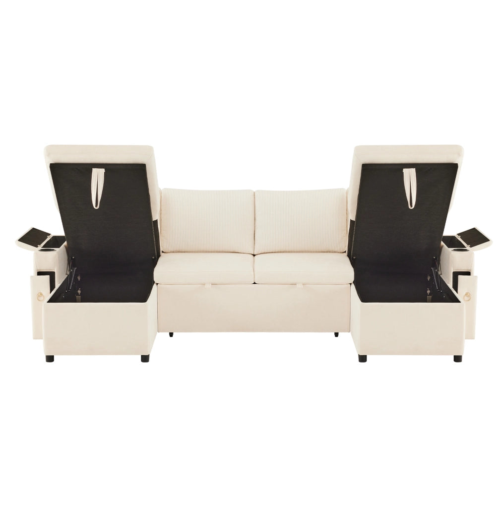 Divano letto modulare a U con contenitore e portabicchieri; 272 cm; beige
