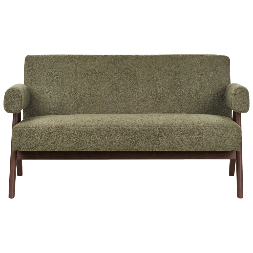 Divano a 2 posti Rivestimento in bouclé verde e marrone scuro Design retrò Gambe in legno Soggiorno
