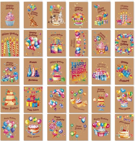 Set di 30 cartoncini di compleanno a olio su carta - Cartoncini di auguri con busta - Disegni vari - Per bambini e adulti - Cartoncini di carta