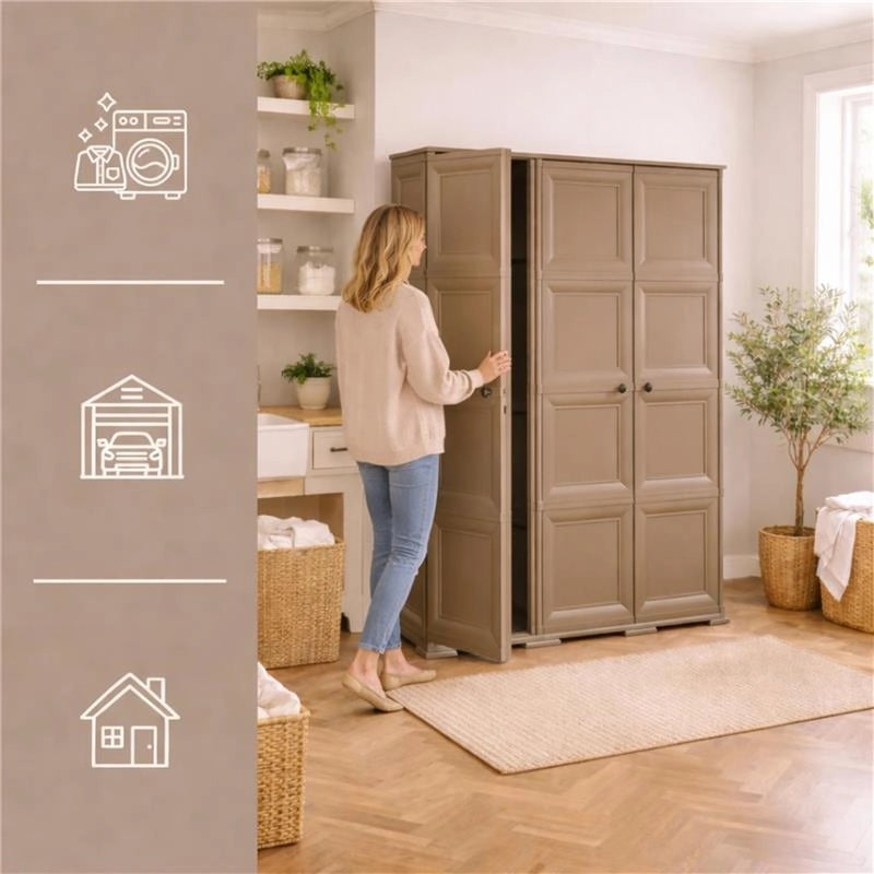 ARMADIO 3 ANTE WENGÉ 118X43X164 CM CON PUNTALI E ANTE EFFETTO LEGNO, MOBILE CONTENITORE ALTO PER ZONA GIORNO E BALCONE COPERTO