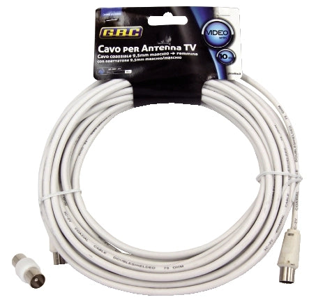 Cavo antenna tv spina/presa bianco 10m + adattatore spina/spina