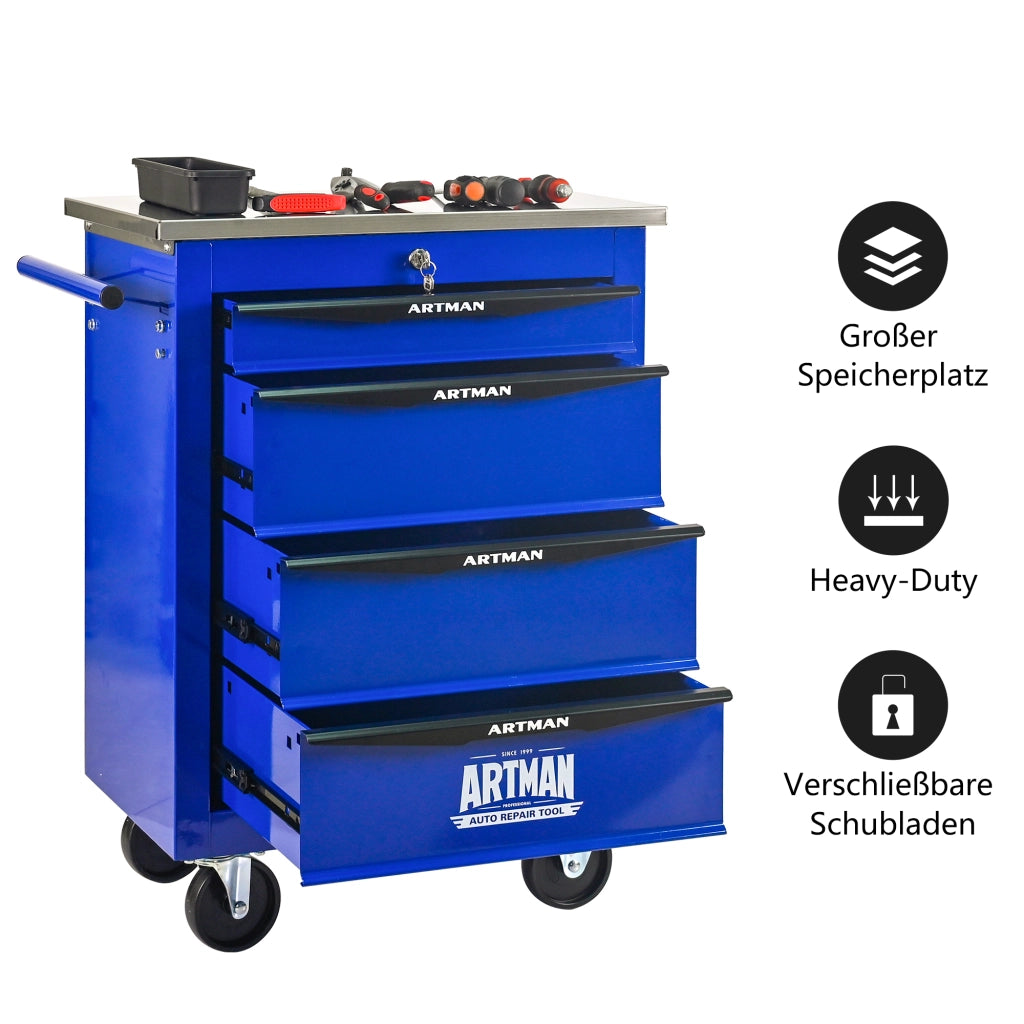 Carrello porta attrezzi con 4 cassetti e ruote piroettanti per garage e officina in acciaio nero e blu 62.5 × 34.5 × 78 cm