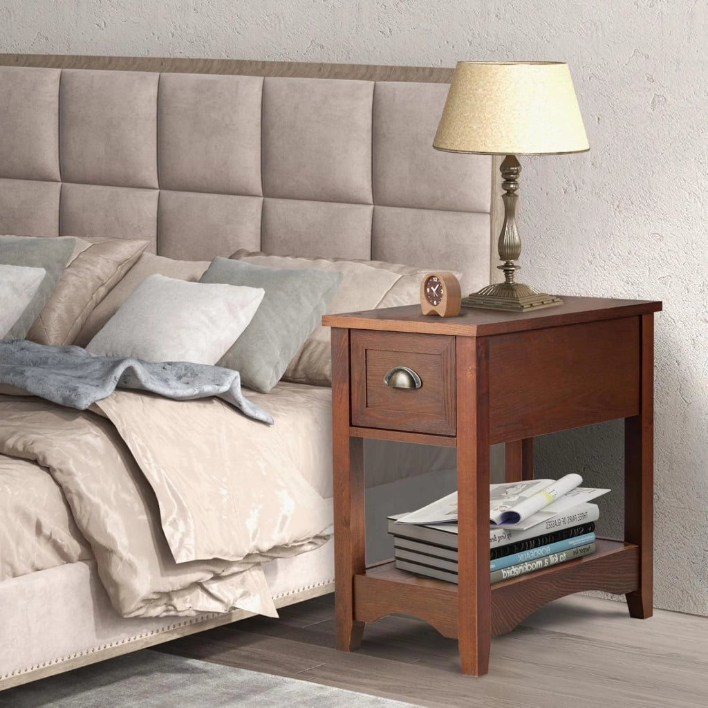 Tavolino laterale retrò con cassetto e ripiano aperto, tavolo da notte rettangolare con gambe in legno massello, stretto per piccoli spazi, soggiorno, camera da letto (marrone rossastro, 2)