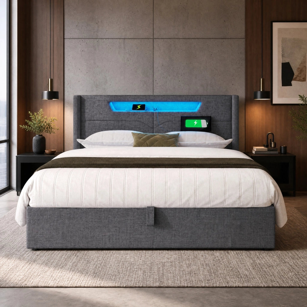 Letto matrimoniale 160x200 con LED, USB-C e contenitore