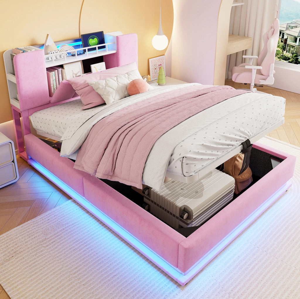 Letto imbottito per bambini 90x200 cm con LED, USB e contenitore rosa