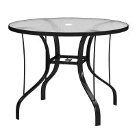 Tavolino da Giardino Rotondo con Foro per Ombrellone, in Metallo e Vetro Temperato, Ø96.5x71 cm, Nero