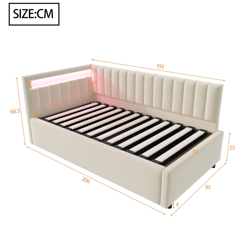 Letto imbottito 90x200 cm con LED; contenitore idraulico; velluto beige