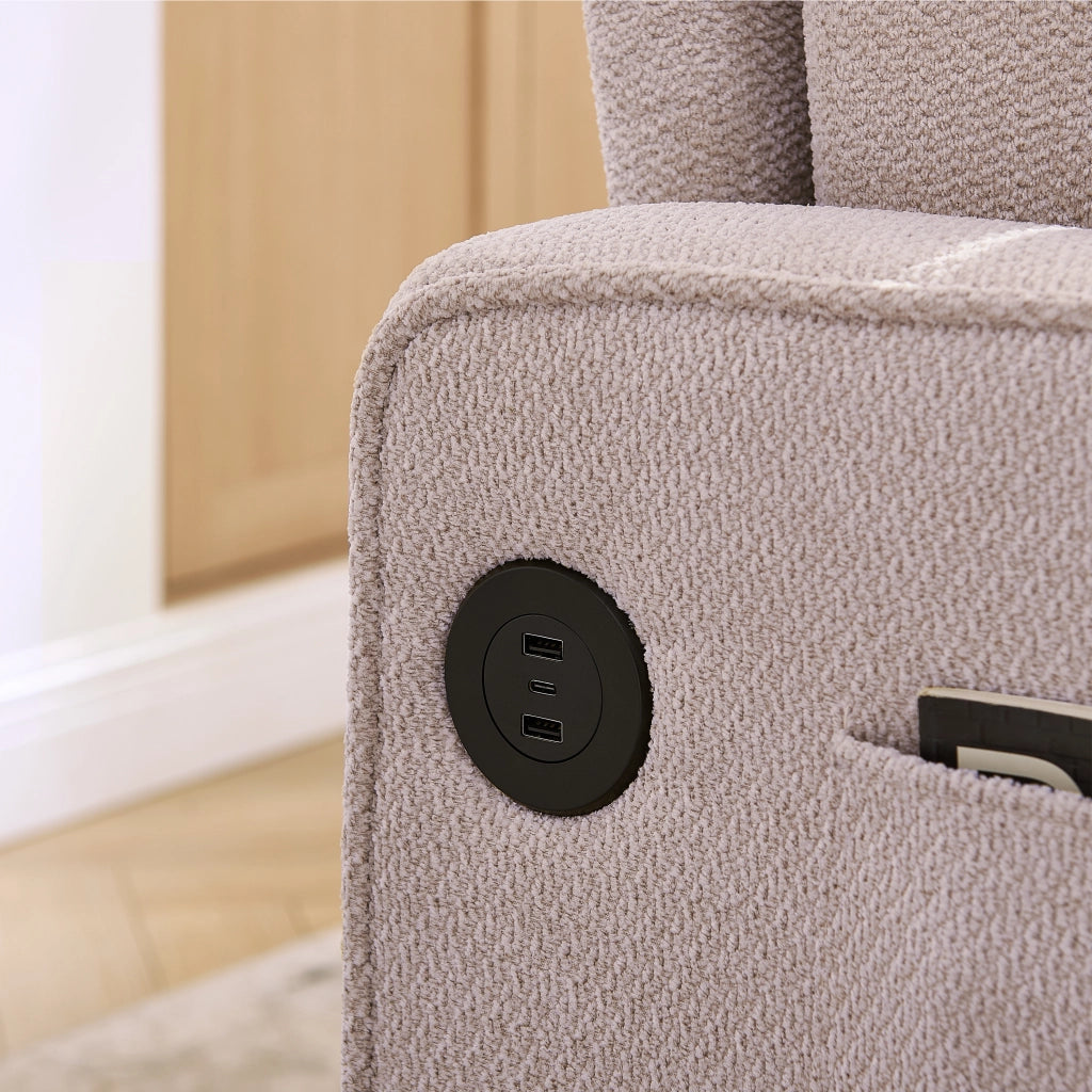 Divano letto 2 posti convertibile con USB e sistema scorrevole in legno e tessuto beige