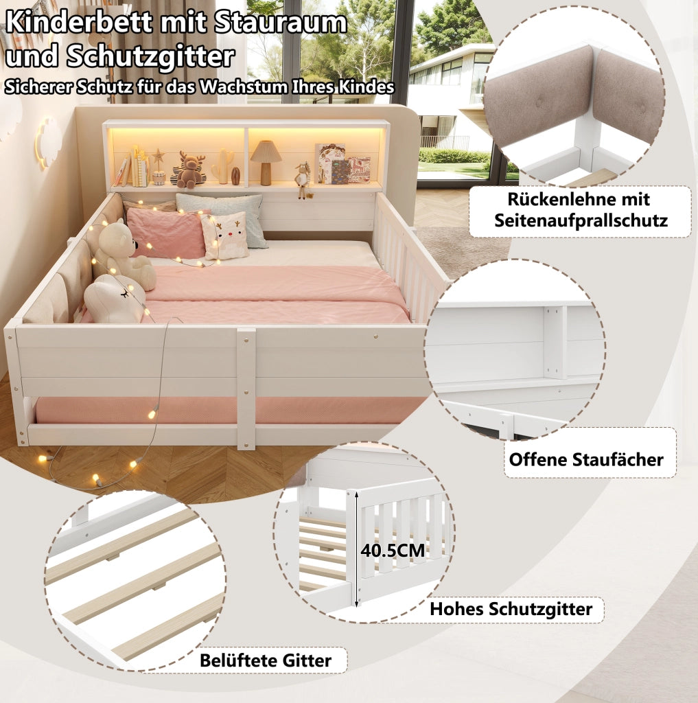 Letto per bambini 140x200 cm con sponde; LED e testiera con contenitore; bianco
