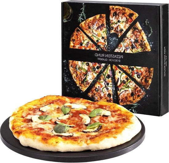 Pietra per pizza per forno e barbecue - Piatto per pizza rotondo con libro di ricette - Ceramica smaltata - Pietra per pizza nera