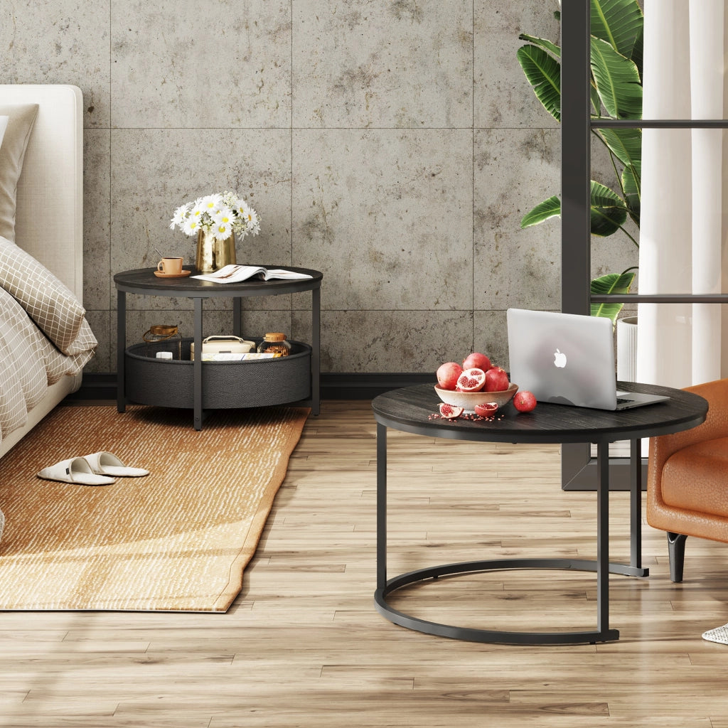 Tavolino da salotto rotondo 2 pezzi ¨C zephmum ¨C nero effetto legno con cesto
