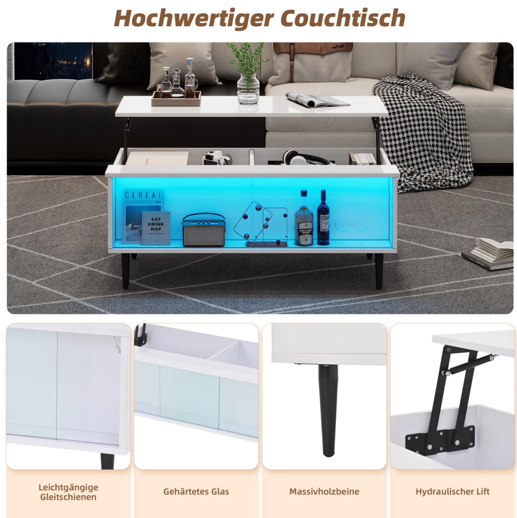 Tavolino da caffè sollevabile 105x50x43 cm con LED; contenitore e ante in vetro bianco