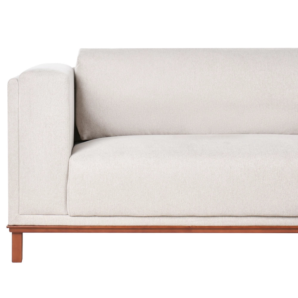 Divano angolare a sinistra Tessuto beige chiaro rivestito in poliestere Gambe in legno 4 posti spesso imbottiti Mobili da salotto in stile moderno