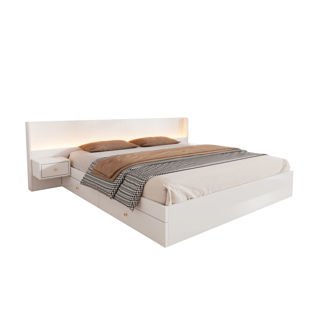 Letto matrimoniale 180x200 cm in MDF bianco con USB, prese, LED APP, 2 comodini, 2 cassetti, senza materasso