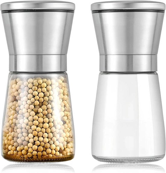 Set di macinacaffè e spezie con due macine ceramiche regolabili - Molitore di pepe e sale per pepe, sale e spezie - Molitore di pepe piccolo vetro 180 ml