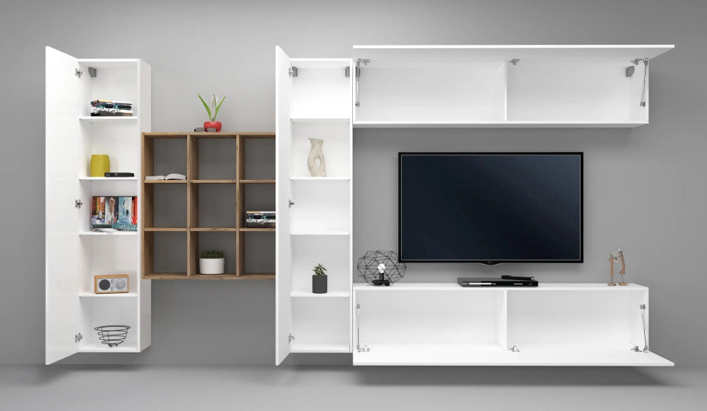 Parete attrezzata sospesa TV pensile bianco libreria 2 armadi Ferd WH