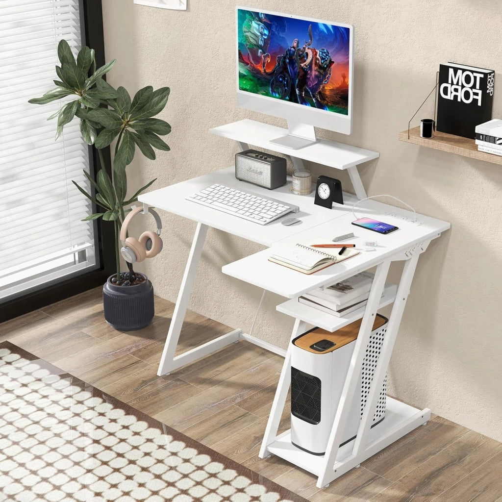 Scrivania per computer con base di ricarica integrata, scrivania per gaming con telaio in metallo e ripiano per monitor, scrivania per PC con supporto per CPU e gancio per cuffie dal look