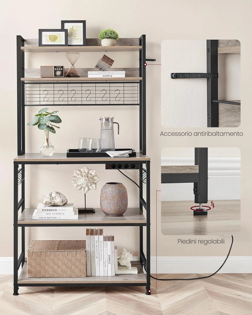 VASAGLE Scaffale Cucina con Multipresa, Scaffale per Microonde, Mobile Cucina, con Pannello a Rete Metallica, 14 Ganci, 40 x 80 x 170 cm, Greige e Nero KKS025B02EU