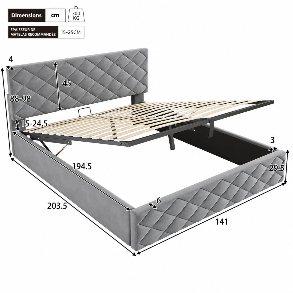 DESMIU Letto contenitore 140 × 200 cm matrimoniale con contenitore idraulico, senza materasso, velluto grigio