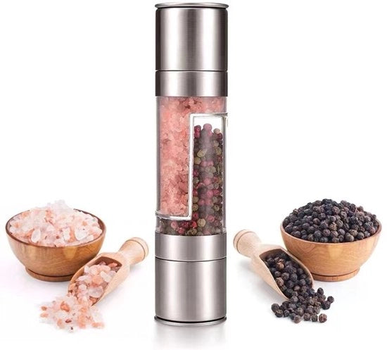 Molino a due facce in acciaio inossidabile - Set di due molini in uno - Molino a due lame per sale e pepe - Molino a mano per sale e pepe - Struzzo per spezie - Utensile di cucina manuale - Ideale per la piccola cucina o per l'esterno