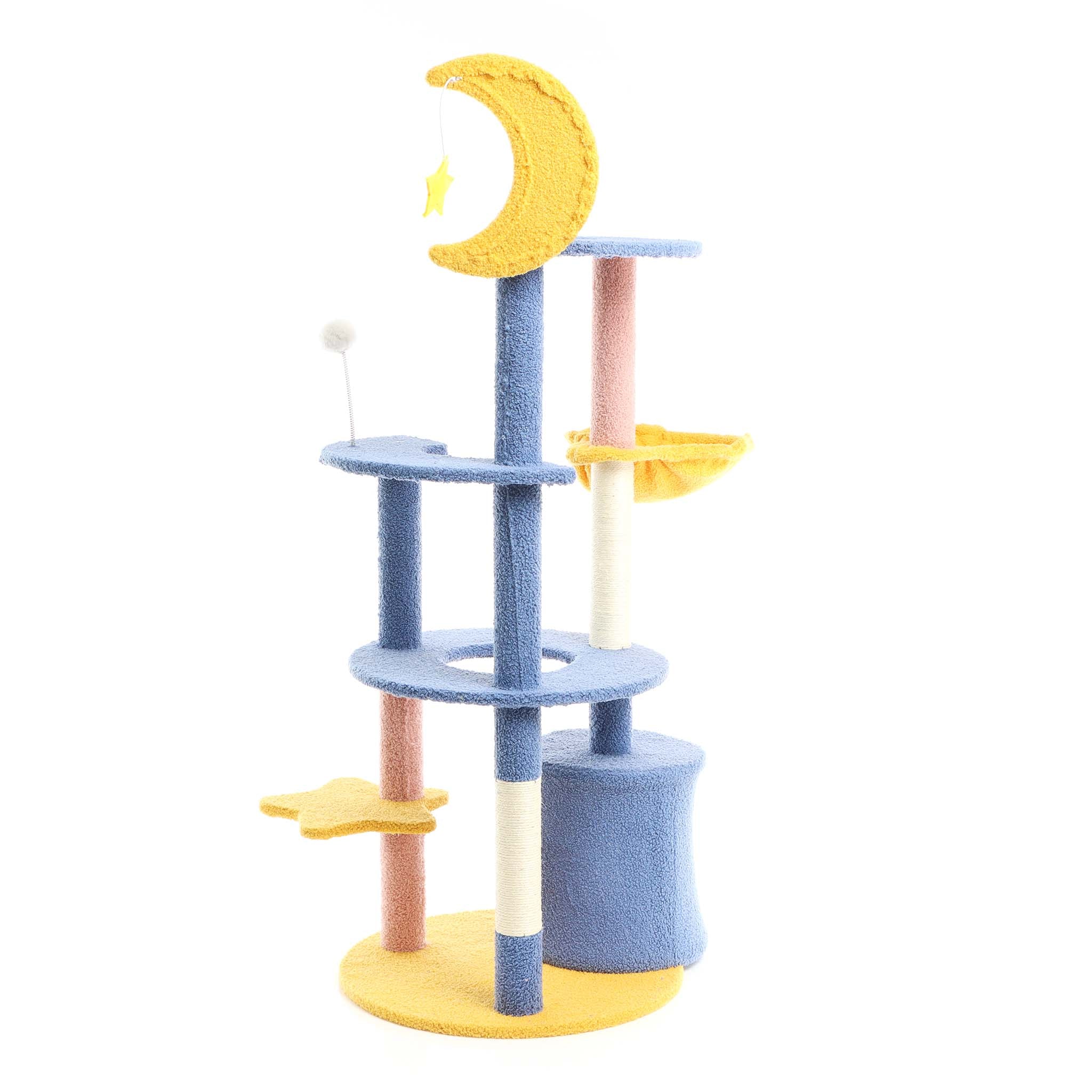 Fudajo Albero tiragraffi con luna e stelle 132cm blu e giallo Con casetta per gatti e sisal