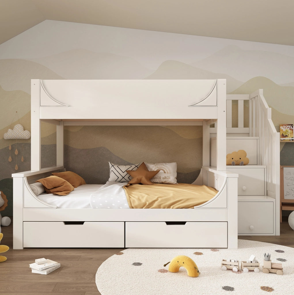 Letto a castello bianco 90x200 e 140x200 cm con armadio scala e cassetti