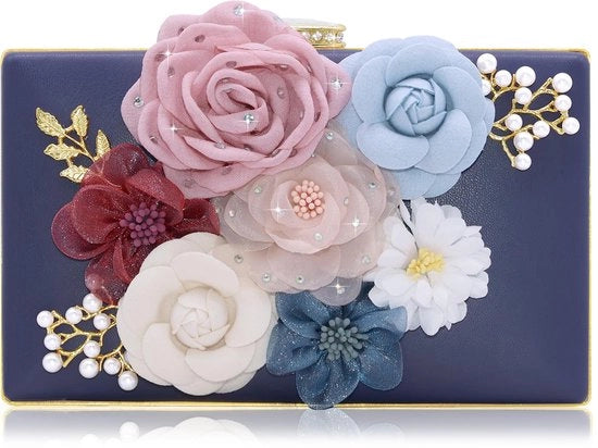 Borsa da sera per donna, fiori, serata, borsa a mano, matrimonio, borsa da sera, portafoglio (Azzurro-1), 719-1 Azzurro