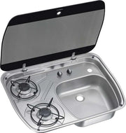 Combinazione di piano cottura e lavandino per camper e caravan - 2 fuochi forno a gas con coperchio in vetro