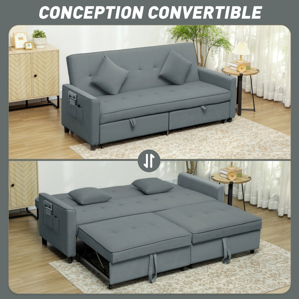 Divano letto 3 posti reversibile con schienale regolabile e cuscini ¨C Minimal ¨C Grigio 196x90x89 cm
