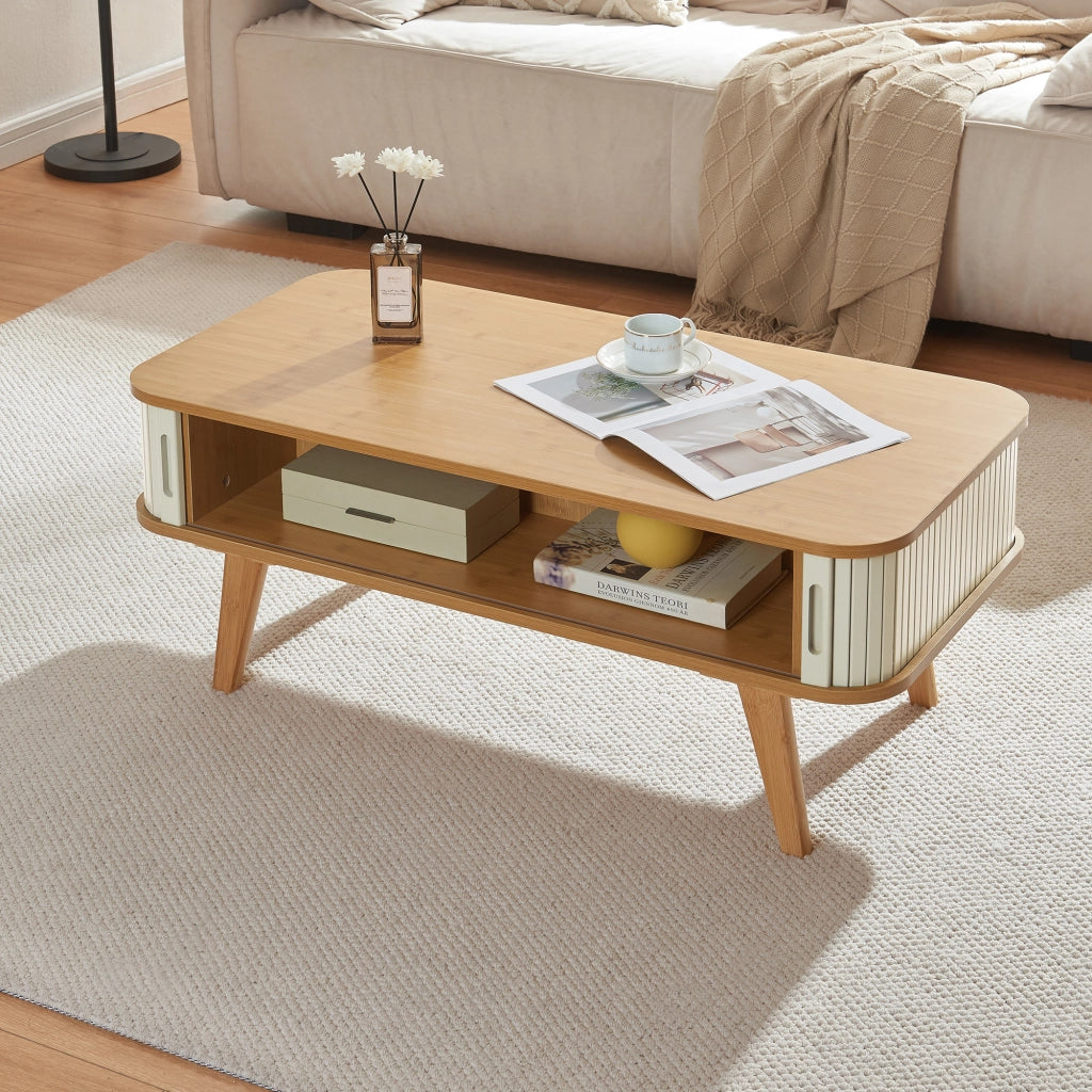 Tavolino Tysvær da Salotto con 2 Ante Scorrevoli in Bambù - Naturale / Bianco Crema [en.casa]