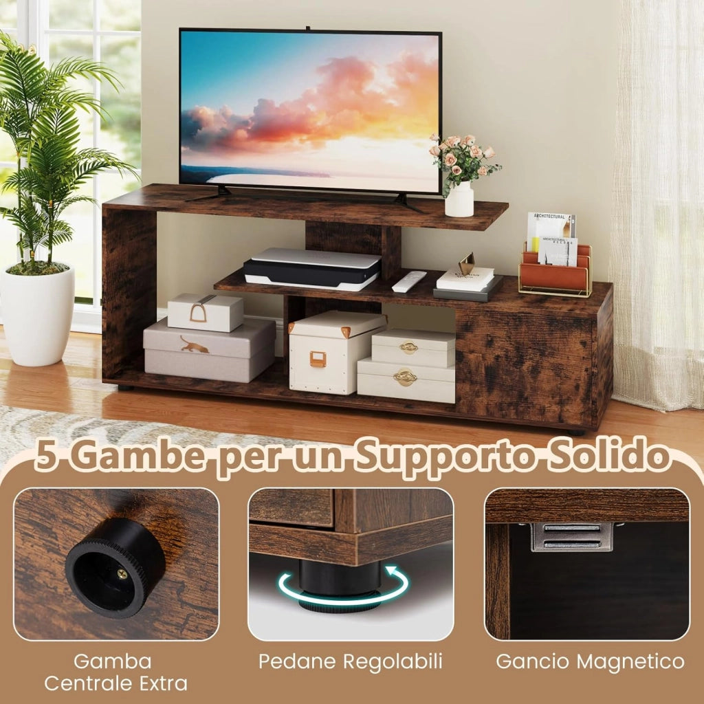 Mobile Porta TV, per TV Fino a 55'', Console Media a 3 Ripiani Asimmetrici con Ripiani di Stoccaggio e Armadietto, Mobile TV con Cassetto, 5 Gambe di Supporto (Industriale)