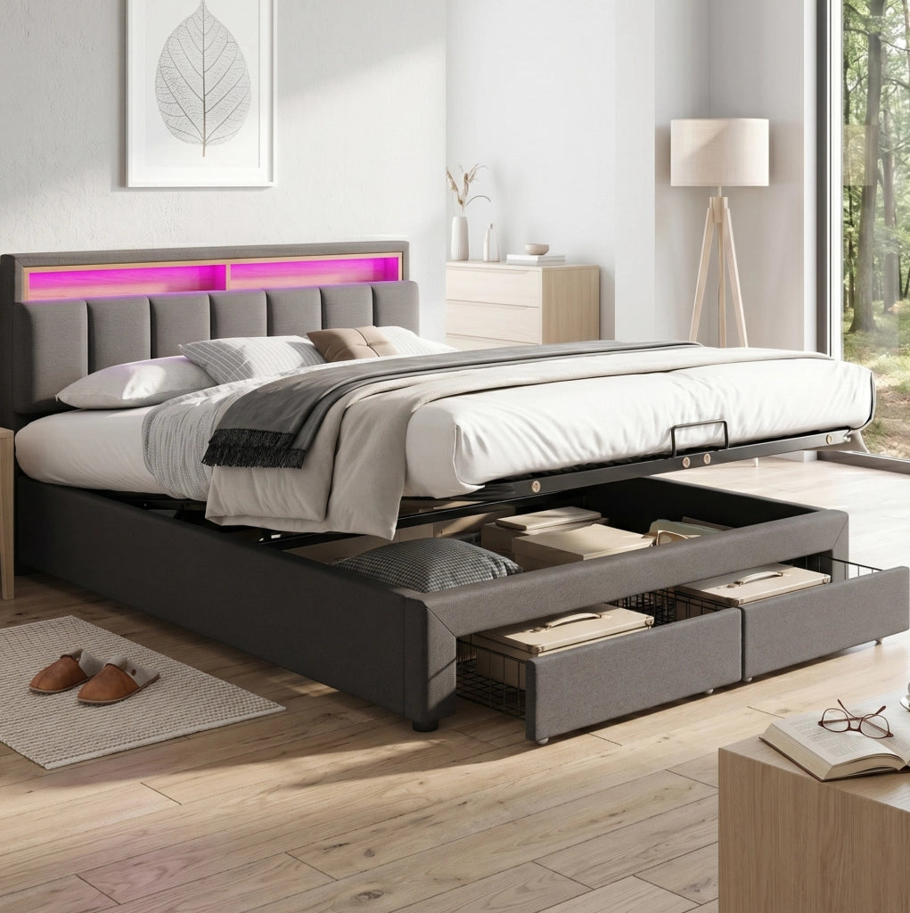 Letto imbottito 180x200 cm con illuminazione LED; rete a doghe; lino; grigio scuro