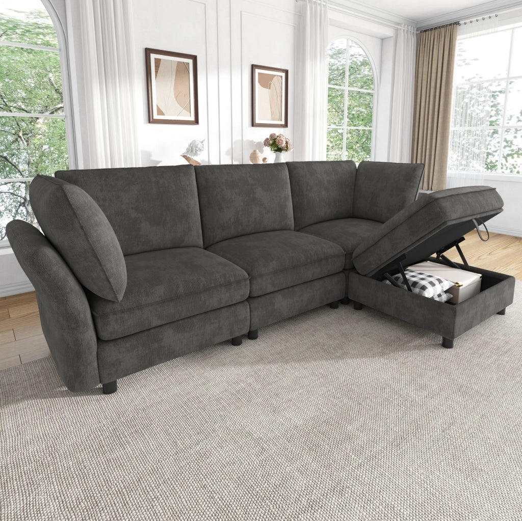 Divano modulare angolare a L con pouf contenitore; 225x137x84 cm; in chenille grigio