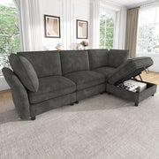 Divano modulare angolare a L con pouf contenitore; 225x137x84 cm; in chenille grigio