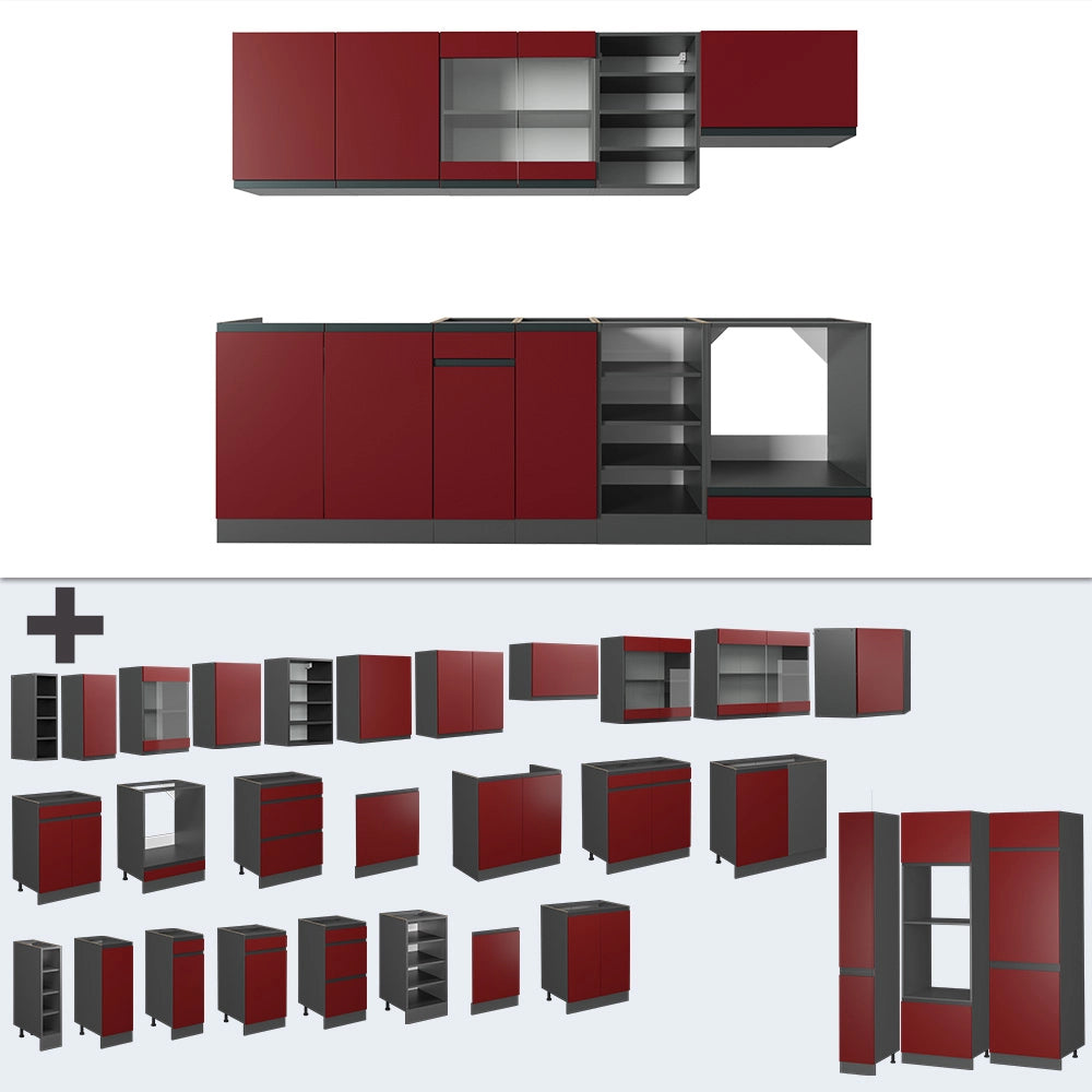 Cucina componibile R-Line Rosso/Antracite 240 cm J-Shape, PL Rovere Vicco