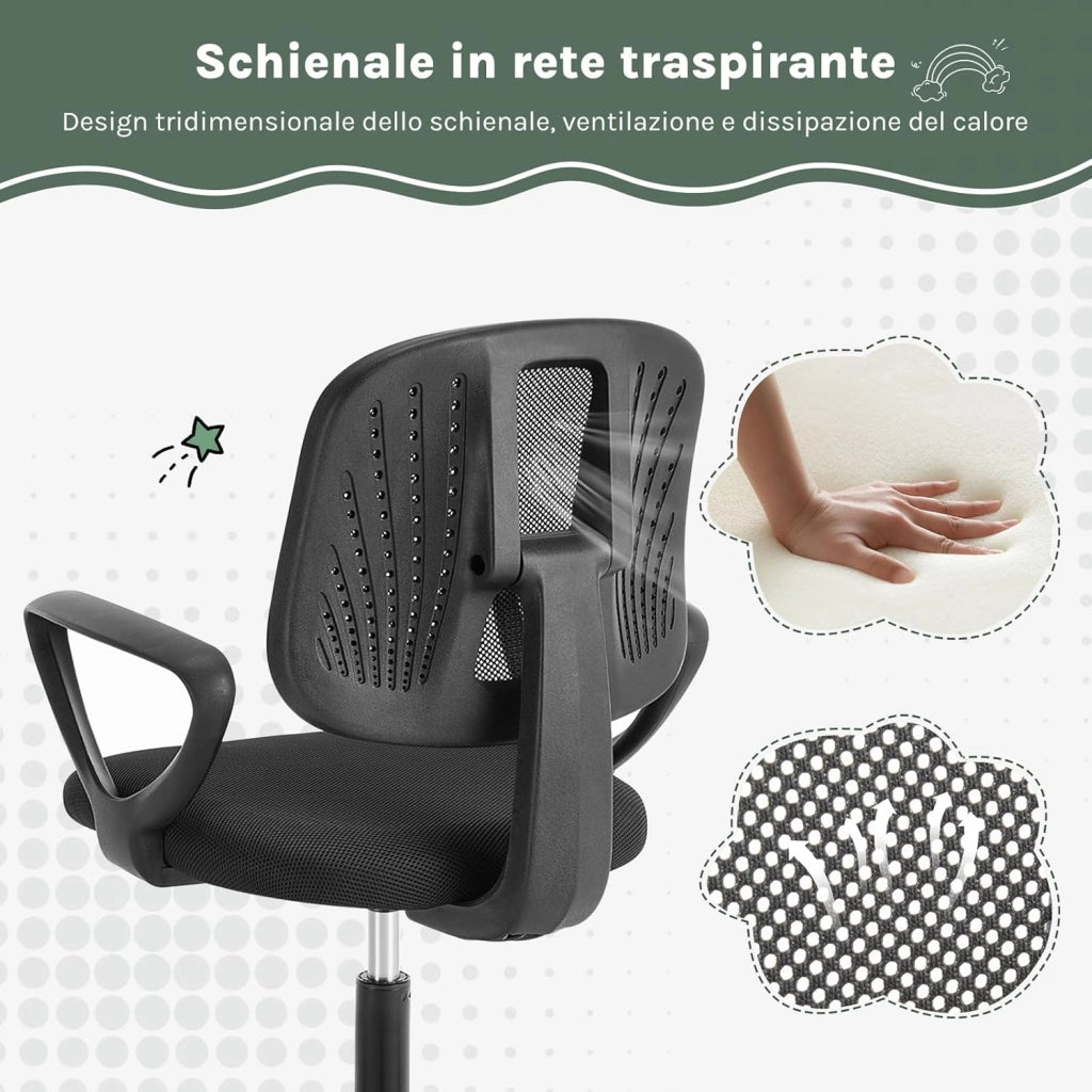 Sedia da Scrivania per Bambini, Sedia da Studio Girevole, Sedie Ergonomica con Ruote, Tessuto a Rete Traspirante, Sgabello Girevole con Schienale Regolabile Automaticamente, Nero, K0003BS