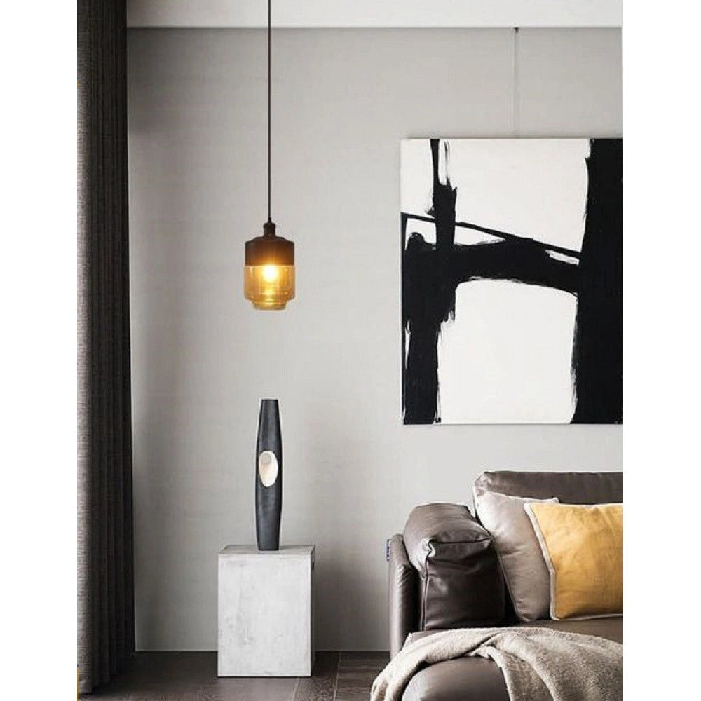 Trade Shop - Lampadario A Sospensione Vintage Soffitto Attacco E27 Effetto Ambrato Nero Lp-14 -