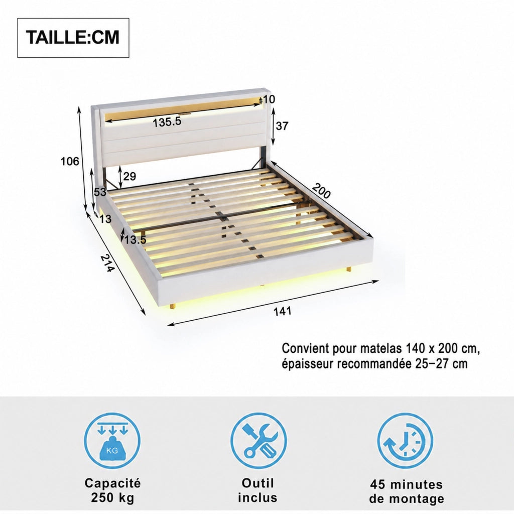 DESMIU Letto Matrimoniale Imbottito 2 Posti con USB, LED Regolabile e Testiera Girevole 140 × 200 cm, Senza Materasso, Beige