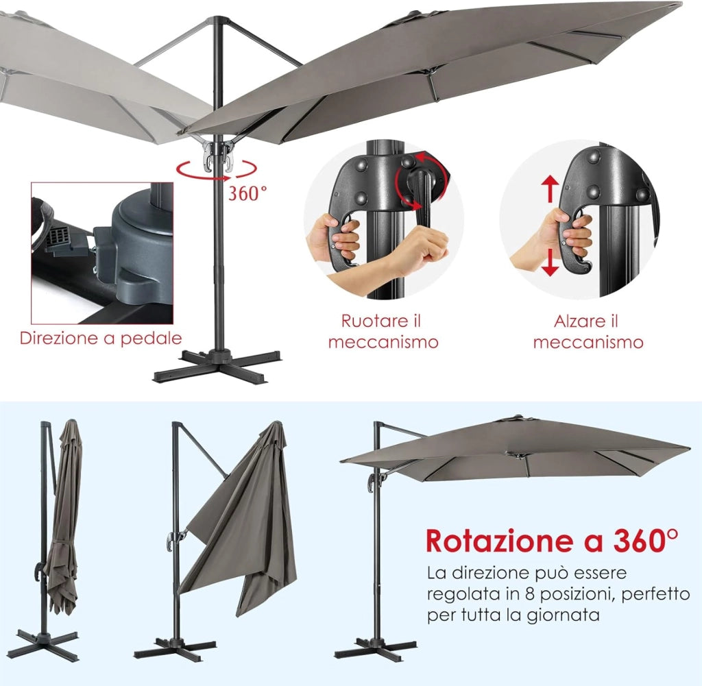 Ombrellone da Giardino 300 x 300cm | 3 Inclinazioni, Rotazione 360°, Manovella, 8 Stecche, Base Incrociata per Esterno (Grigio, 300 x 300 x 273 cm)