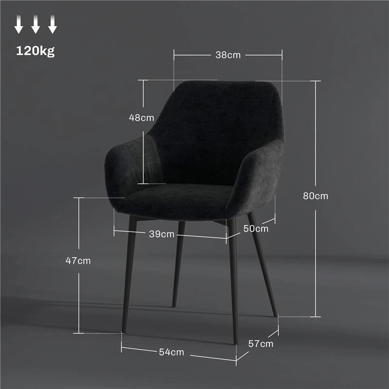 SET 2 SEDIE PER SALA DA PRANZO MODERNE CON BRACCIOLI, SEDUTA IMBOTTITA E GAMBE IN ACCIAIO, 54X57X80CM, NERO