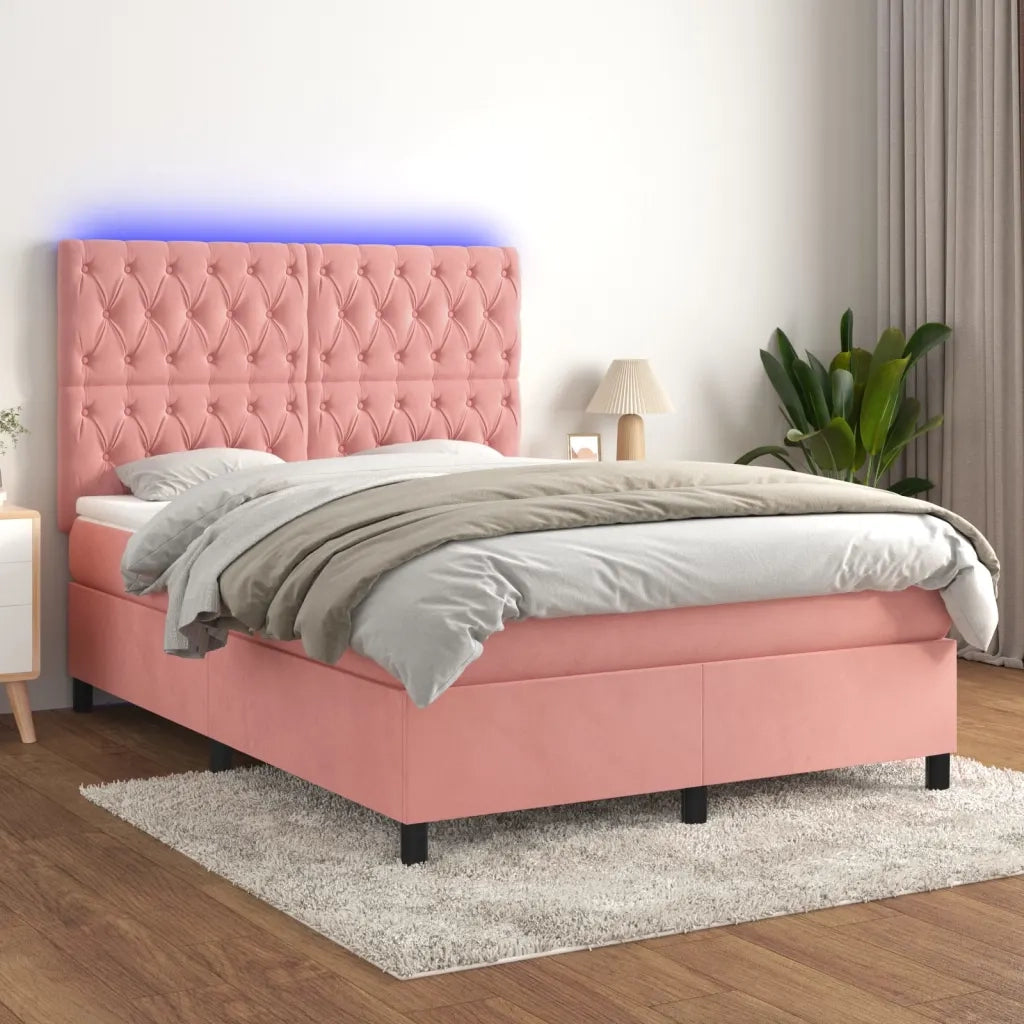 Letto a Molle con Materasso e LED Rosa 140x190 cm in Vellutocod mxl 123024
