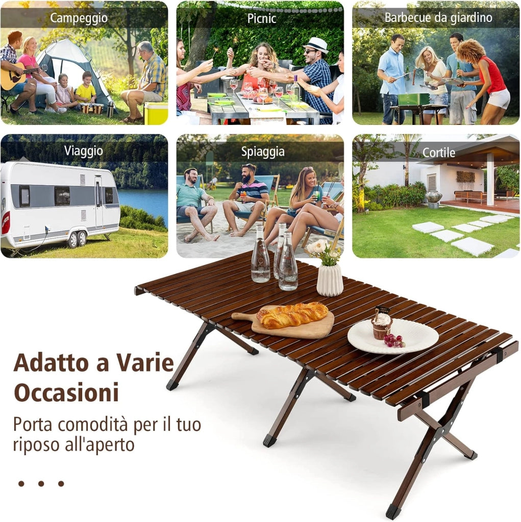Tavolo da Campeggio Pieghevole di Bambù, Tavolo da Picnic Leggero con Borsa di Trasporto, Tavolo da Esterno per Campeggio, Trekking, Pesca e Barbecue, 122 x 60 x 43,5 cm (Marrone)
