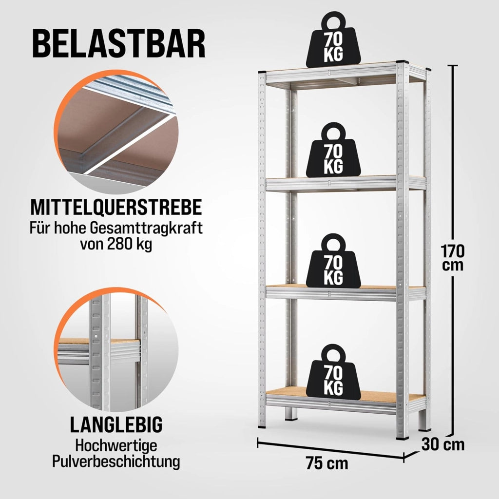 Scaffale ad alta portata 2 pezzi in metallo capacità di carico totale kg 170x75x30cm 4 ripiani in MDF