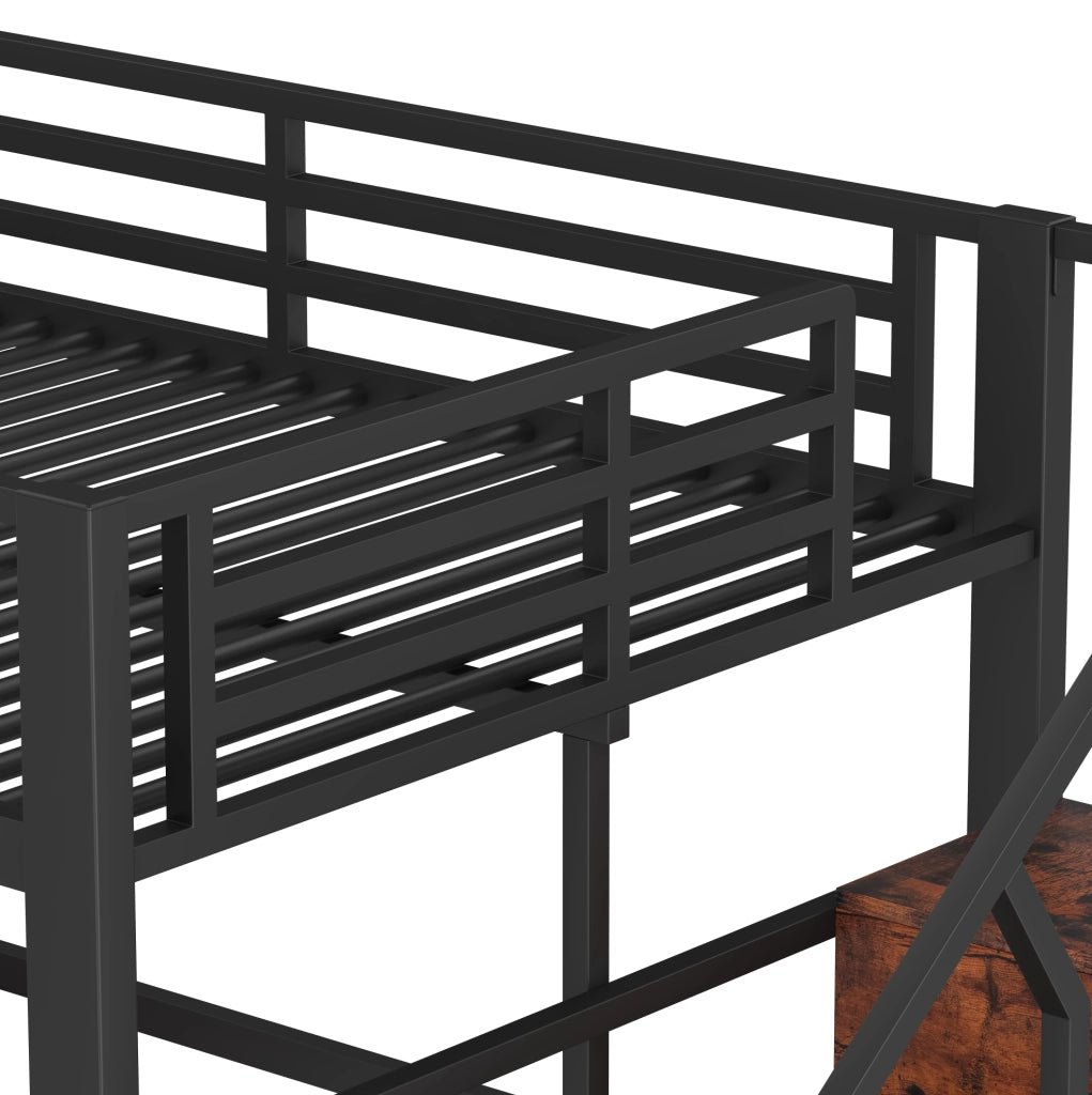 Letto a soppalco 140x200 cm con LED; scaffali e scala contenitore in metallo e MDF nero