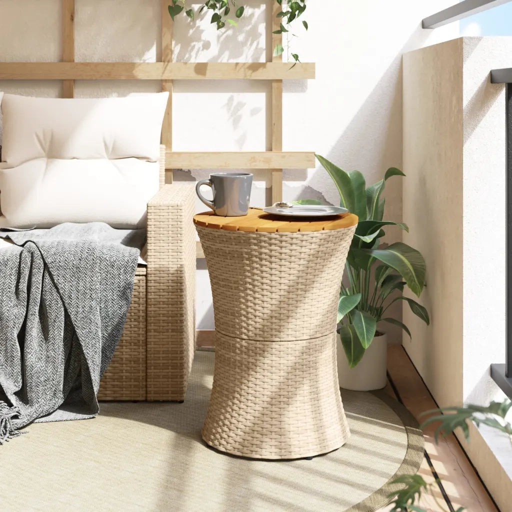 Tavolino-Tavolino da soggiorno-Tavolo Giardino Forma Tamburo Beige Polyrattan Legno Massello